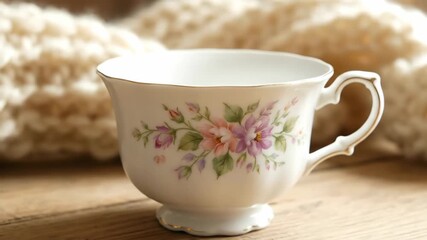 Floral teacup on wooden table with cozy background, close up - Powered by Adobe