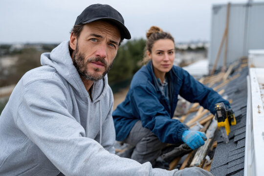 Two construction workers pause for a moment while roofing, showcasing determination and collaboration in their laborious tasks against a backdrop of a cloudy sky.