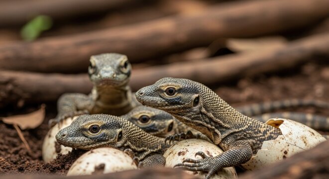 Newly hatched reptiles emerge from eggs in a ground nest, amidst logs and dirt