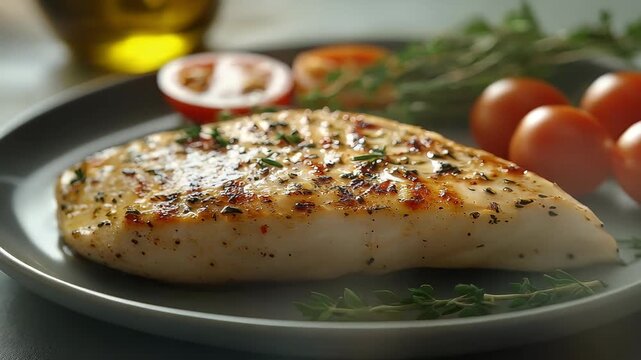 Delicious Grilled Chicken Breast with Fresh Tomatoes and Herbs on a Plate.