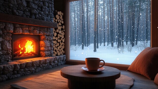 Cozy cabin interior with a warm fireplace and snowy forest view during winter - Powered by Adobe