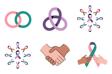Flat abstract vector icons for social unity and support, illustrating interconnected rings, heart, health ribbon, and partnership handshake.