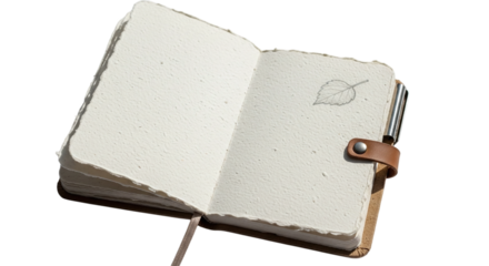 An open handmade notebook, , with blank pages and a leaf drawing, inviting creativity and reflection in a rustic style