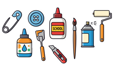 Craft Supplies Collection Glue, Paint Roller, Safety Pin, Button, Brush, Spray Paint, Cutter
