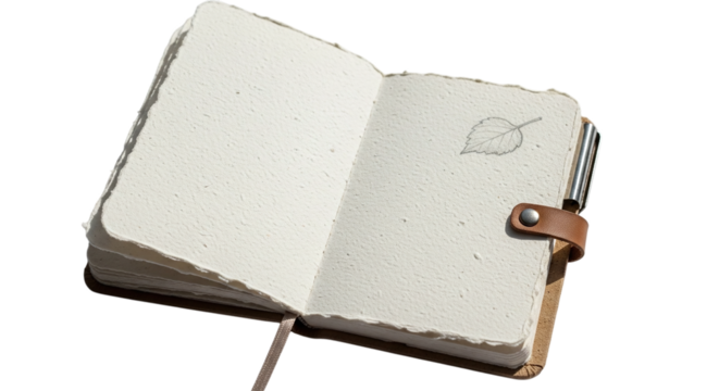 An open handmade notebook, , with blank pages and a leaf drawing, inviting creativity and reflection in a rustic style