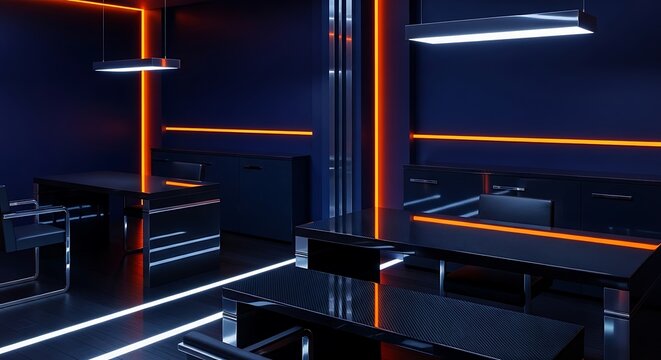 Modern minimalist dark office interior illuminated with neon lines design - Powered by Adobe