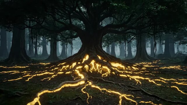Magical glowing roots in dark and misty forest environment