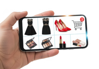Hand holding smartphone displaying online fashion and beauty shopping interface isolated on transparent background