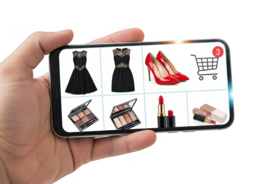 Hand holding smartphone displaying online fashion and beauty shopping interface isolated on transparent background