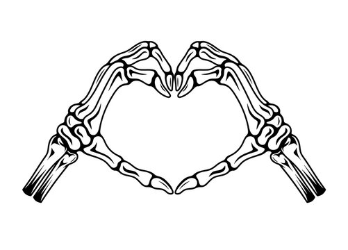 A bony hand making a heart sign. Human hand bones with fingers. Black and white illustration of a skeletal hand. A love sign made with fingers.