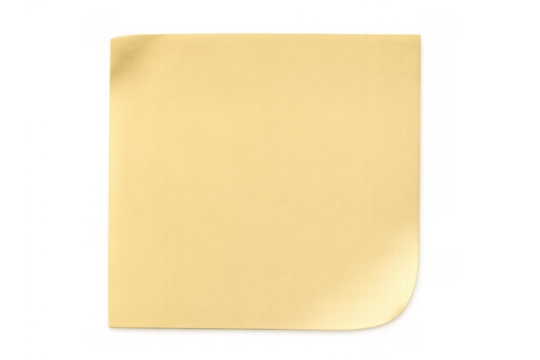 Blank yellow sticky note with a curled corner on a transparent background, perfect for adding text or symbols