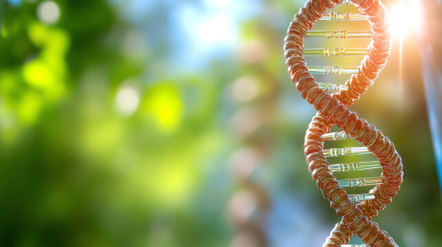 Close-up of a DNA double helix structure illuminated by sunlight, symbolizing genetic research and biotechnology advancements.