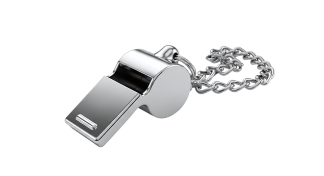 Shiny silver metal whistle with chain, a classic tool for sports, safety, and emergency situations for signaling