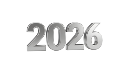 Silver 3d numbers 2026 foe new year isolated on transparent background