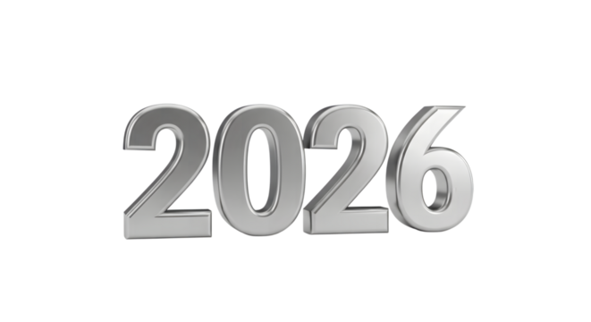 Silver 3d numbers 2026 foe new year isolated on transparent background