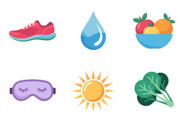 Colored outline vector icons for healthy lifestyle, featuring balanced nutrition, water, running shoes, sleep mask, and sun.