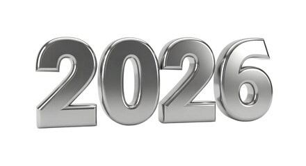 Silver 3d numbers 2026 foe new year isolated on transparent background