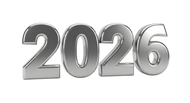 Silver 3d numbers 2026 foe new year isolated on transparent background