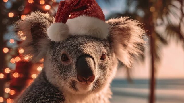 cute koala bear with santa hat enjoys a sunny beach day and spreads christmas spirit animation