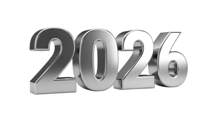Silver 3d numbers 2026 foe new year isolated on transparent background