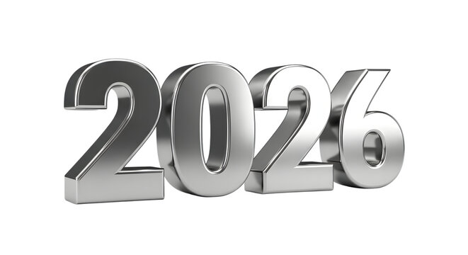 Silver 3d numbers 2026 foe new year isolated on transparent background