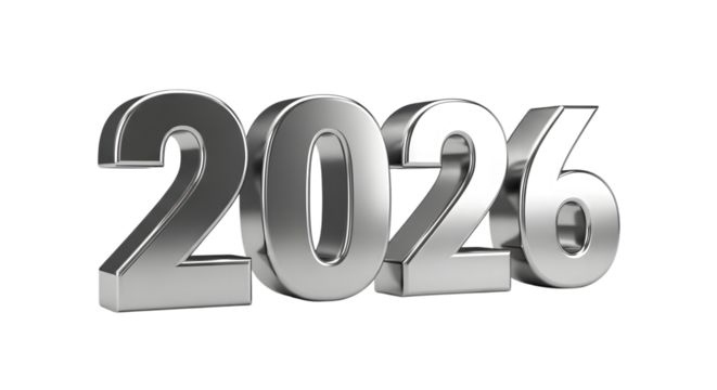 Silver 3d numbers 2026 foe new year isolated on transparent background