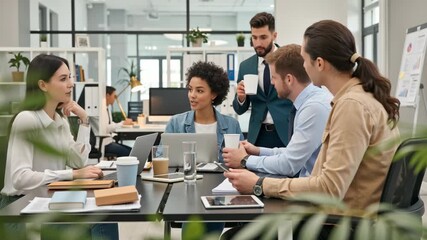 Diverse group of professionals working together around a table in a contemporary open office. Team brainstorming, discussing strategies, and using digital devices for project planning. - Powered by Adobe