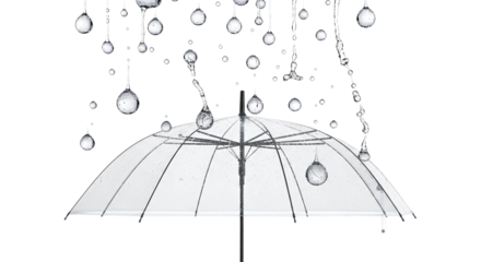 Clear umbrella under falling rain, symbolizing protection, weather, and the beauty of raindrops in a minimalist composition