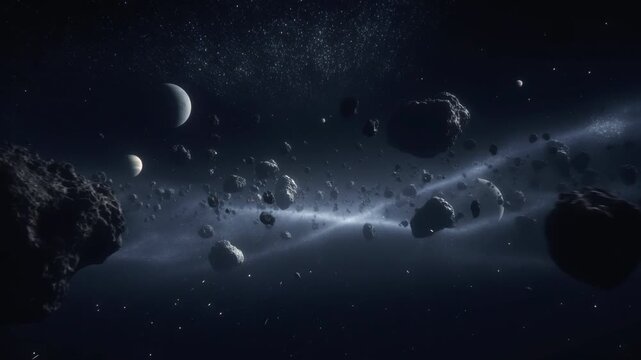 This captivating journey takes viewers through expansive asteroid fields, revealing the unique shapes and sizes of asteroids drifting in the vastness of space. Discover the wonder of the cosmos