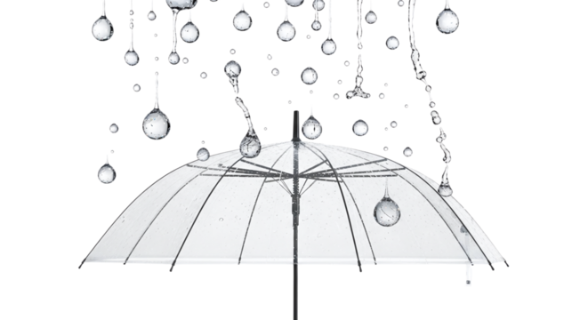 Clear umbrella under falling rain, symbolizing protection, weather, and the beauty of raindrops in a minimalist composition