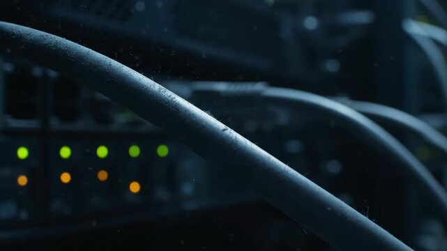 Network cables and ports with status lights in a server room.