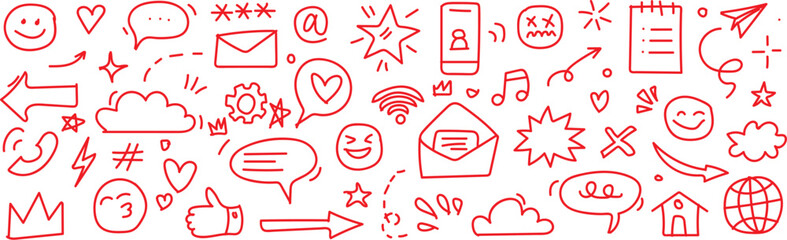 Collection of red hand drawn social media and communication icons A vibrant collage of red hand-drawn icons representing social media, communication, and digital interaction elements.