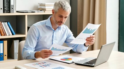 Mature businessman sitting at desk, examining financial graphs and charts, working on laptop in modern office. Concept of data analysis, business planning, and corporate finance. - Powered by Adobe