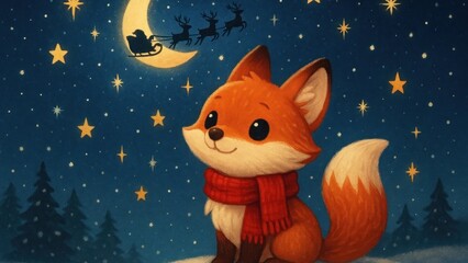 Obraz premium Cute fox under starry sky desktop wallpaper