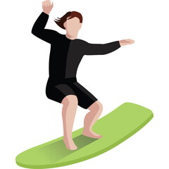 Person Surfing A Bright Green Surfboard Wearing A Black Long Sleeve Wetsuit And Black Shorts On A Transparent Background With Dynamic Body Pose And Wavy Hair