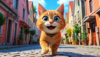 Cheerful cartoon cat with bright eyes walking through city streets, amazed by buildings, perfect for children’s media, urban storytelling, and festive design projects.