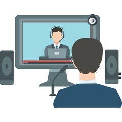 Person Wearing Headset Engaged in Online Communication Via Computer Screen with Speakers and Microphone on Desk Over Transparent Background