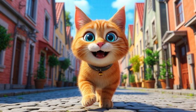 Cheerful cartoon cat with bright eyes walking through city streets, amazed by buildings, perfect for children’s media, urban storytelling, and festive design projects.