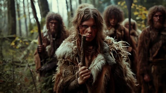 A group of individuals in a forest setting, dressed in primitive clothing. The main subject is a woman with long hair, wearing a fur coat, and holding a stick.