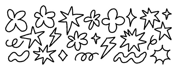 Hand drawn doodle cartoon elements in cute black line style, fun abstract vector illustration with playful creative shapes, and cute black doodles featuring stars, flowers, and lightning icons