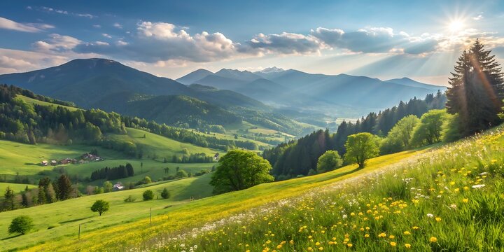 Summer panorama view of green mountains, forest, meadow, and clouds in the sky