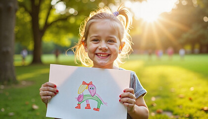  Smiling girl holding drawing in sunny park