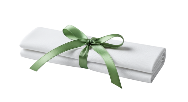 Elegant white napkin tied with a vibrant green ribbon, perfect for adding a touch of sophistication to any table setting