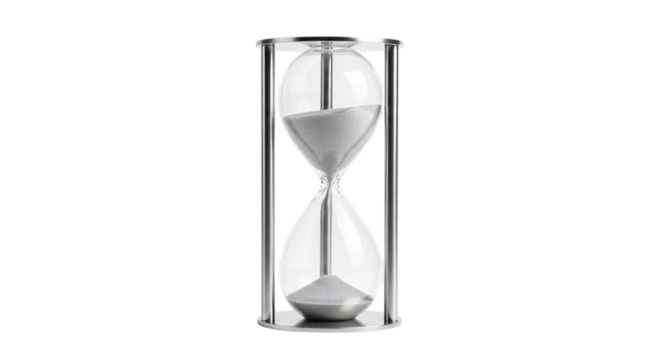 Elegant hourglass with silver sand, , symbolizing the passage of time, deadlines, and the preciousness of every moment