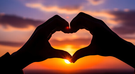 Silhouette of hands forming a heart shape against a vibrant sunset sky with clouds and sun