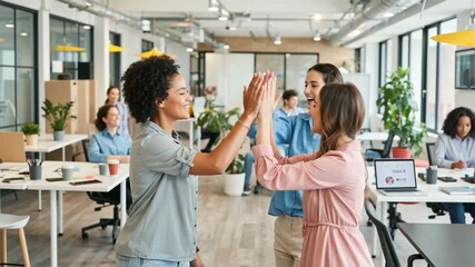 Cheerful business colleagues giving a high five, celebrating achievement in bright open space office. Positive teamwork, diversity, and collaboration in a creative workspace. - Powered by Adobe