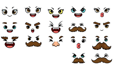 Collection of Cartoon Faces with Diverse Expressions and Moustaches