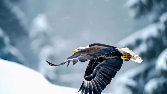 A closeup of a bald eagle in flight against a snowy backdrop. The eagles wings are spread wide, revealing intricate feather patterns and a glossy black and white plumage. The background is blurred.