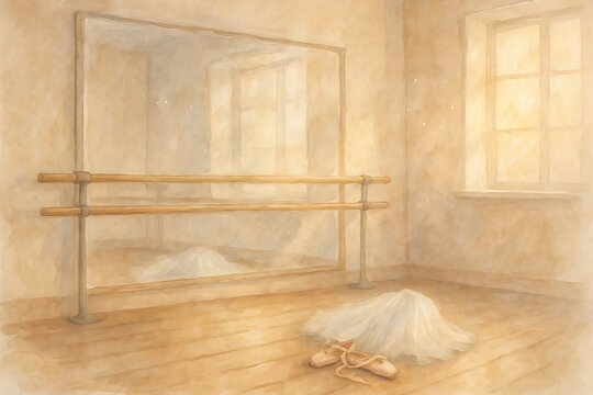Watercolor painting of ballet classroom with mirror, barre and tutu on floor