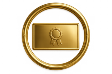 Gold medal badge with a decorative ribbon inside a golden circle, symbolizing an award, guaranteed quality, and achievement